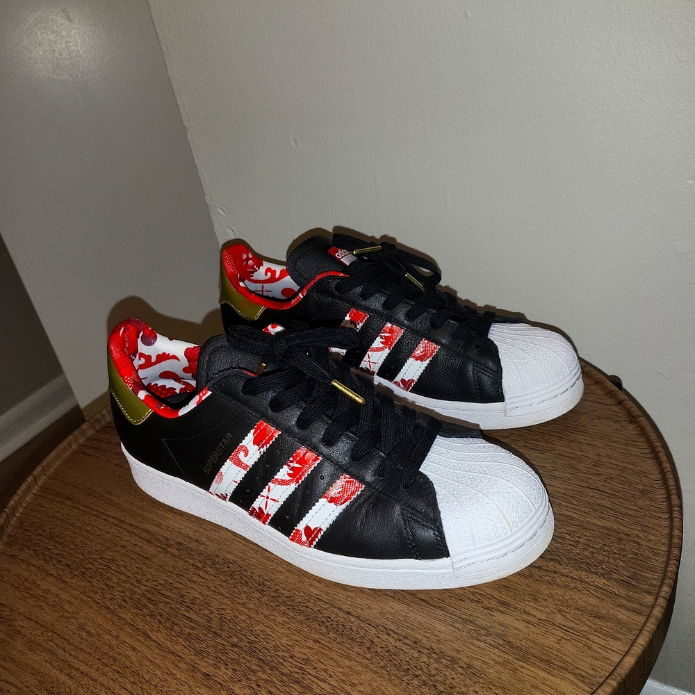 Adidas, men's 10, red, black and white.